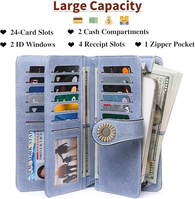 SENDEFN Wallets for Women Leather Credit Card Holder with RFID Blocking Large Capacity Wristlet - Image 2